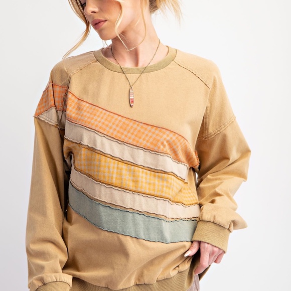 New Easel Washed Distressed Terry Knit Pullover Patchwork Sweatshirt Patchwork - Picture 5 of 10